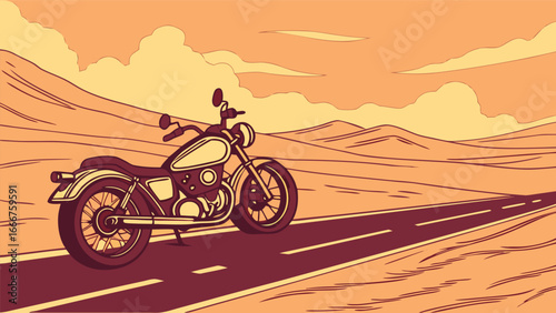 Motorcycle on Desert Road with Clouds chopper cruiser