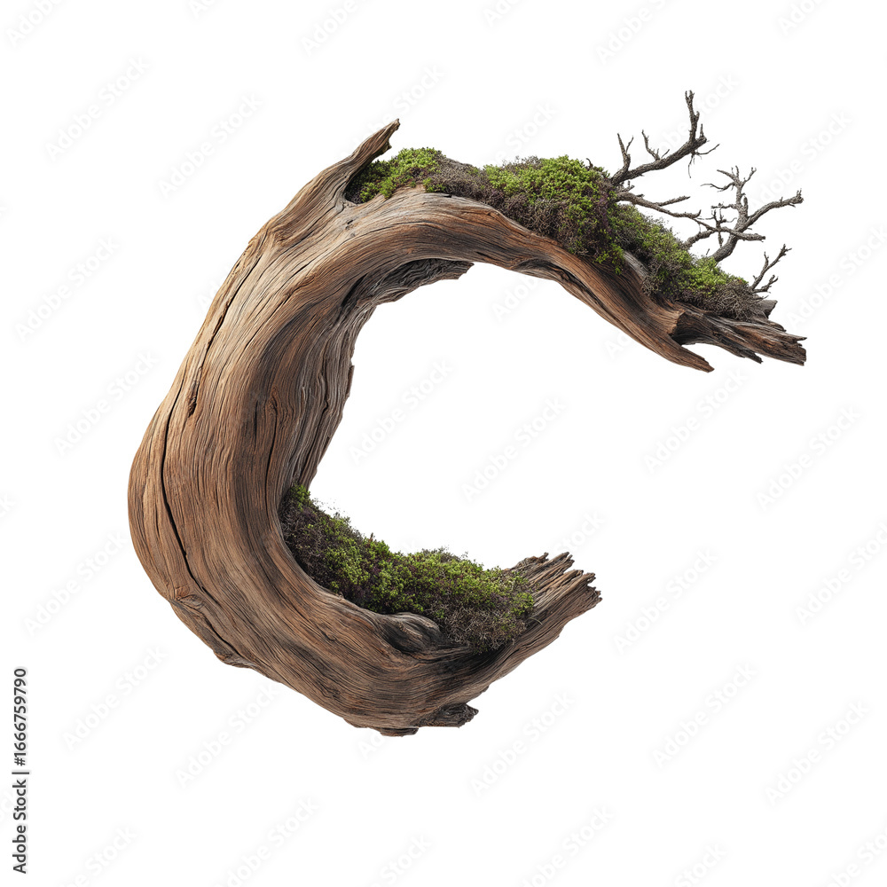 Fototapeta premium Detailed Curved Wooden Element with Moss Isolated