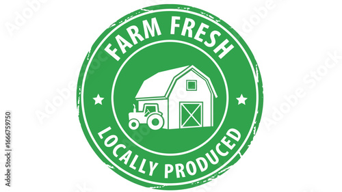 Green circular vector badge design with a barn and tractor, highlighting the benefits of farm fresh and locally produced agricultural goods and healthy food