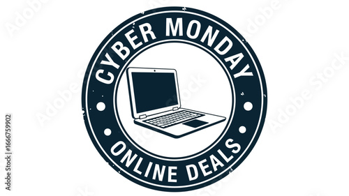 Digital commerce promotions emblem with a laptop icon, signifying exclusive online deals and substantial savings on technology products during a major shopping event