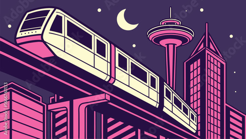 Night city with monorail and tower skyline train