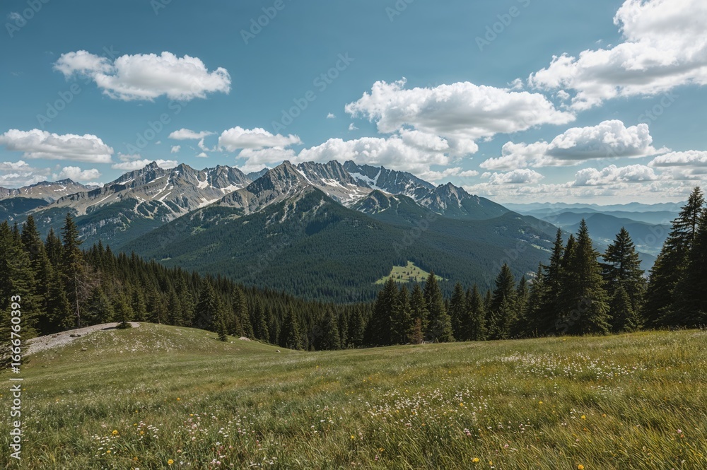 Fototapeta premium During warm seasons, I enjoy journeying through stunning snowy peaks, dense verdant woods, and expansive meadows, fully embracing the wonders of the natural world.