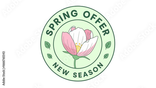 Delicate floral badge featuring a beautiful pink and white blossom with green leaves, artfully designed as a charming graphic for new season promotions and special spring offers