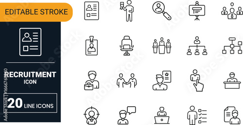 Recruitment vector icon set collection with resume, interview, hiring, candidate, job search, career, human resource and staff
