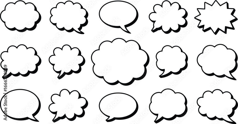 Fototapeta premium Collection of diverse cartoon speech bubbles; various shapes, bold outlines, white fill, drop shadow effect, communication graphic design elements, speech bubble, comic book, dialogue