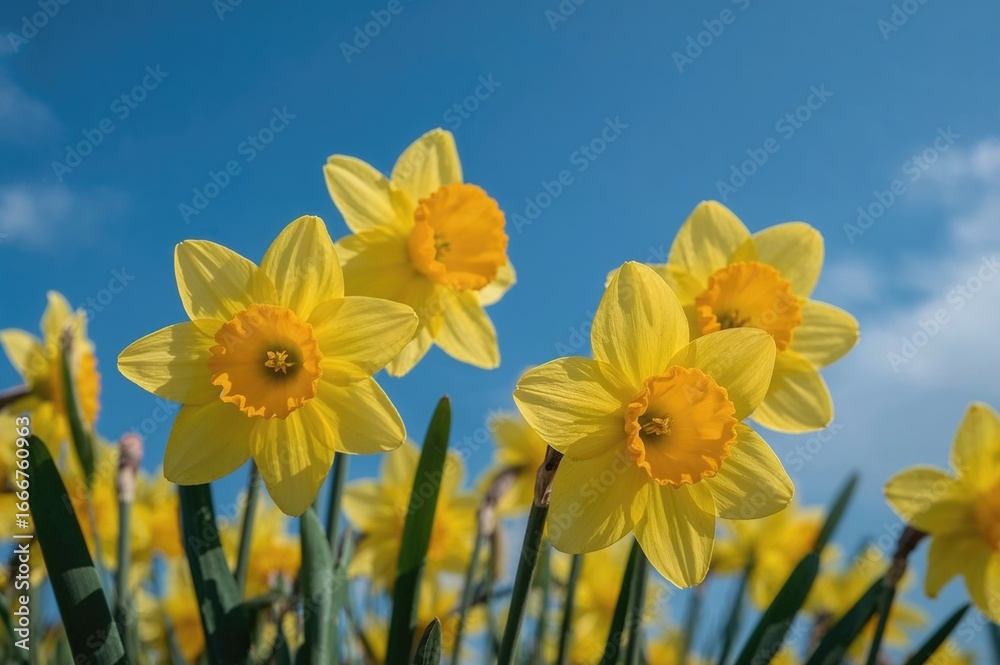 Fototapeta premium Detailed shot of bright yellow narcissus blooms with a clear sky background