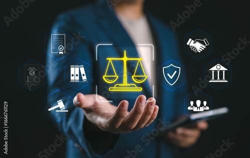 Konstfotografi Businessman presenting digital law and justice icons with legal scale, document, and court symbols