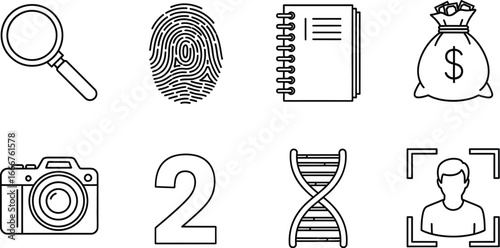 Collection of icons representing investigation, science, and finance