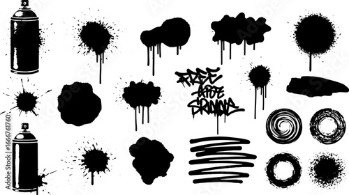 Spray graffiti element set, can splatter vector brush drip freehand kit, urban street black grunge. Cool hand writing stain splash, dirty messy airy ink stroke and circles. Spray graffiti dark splash