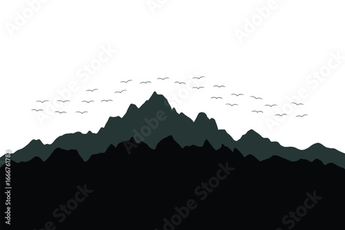 Mountain landscape silhouette with birds flying, vector illustration for nature scenery, travel, adventure and tourism design
