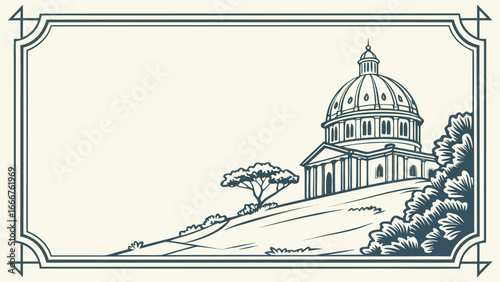 Ornate Frame with Classical Building on Hill border
