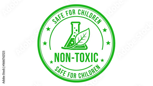 Green non-toxic and child-safe product label with a laboratory flask and leaf, symbolizing eco-friendly materials and safety standards for consumer goods