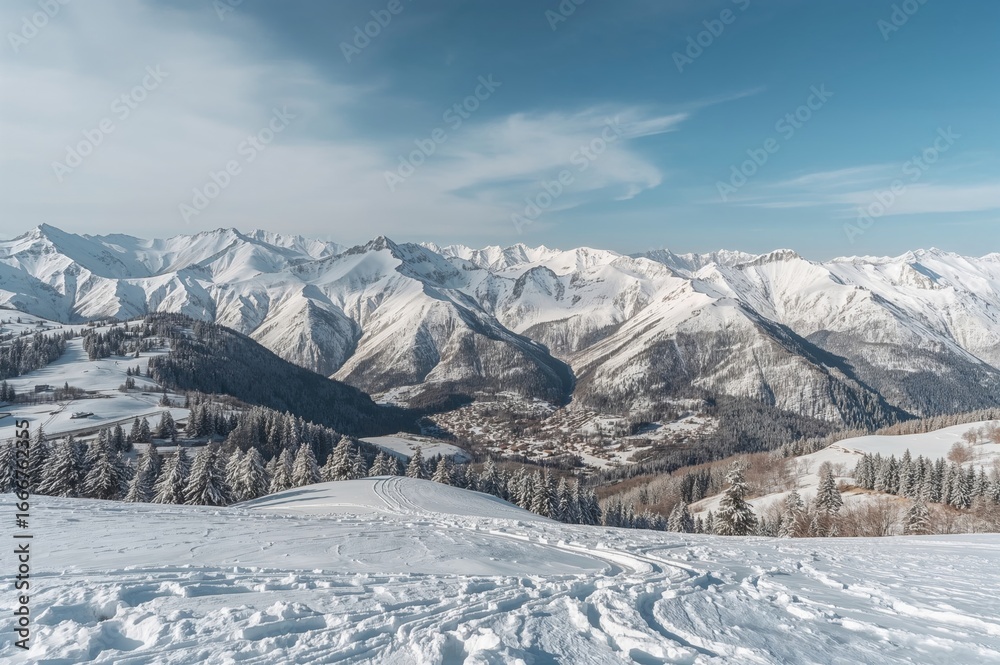 Fototapeta premium Snow-blanketed peaks at a ski resort in a mountainous region. Winter scenery featuring snowy rural areas in a mountainous locale. Continental winter environment.
