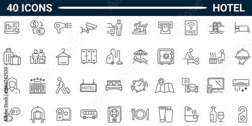 Hotel line icons set. Pictograms and infographics for mobile apps and web. editable stroke. full vector.
