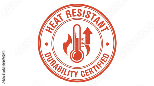 Heat resistant durability certified stamp icon for high temperature product quality assurance and safety standards