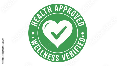 Vibrant green circular badge icon representing health approval and wellness verification, featuring a heart with a prominent checkmark, ideal for certified products and services