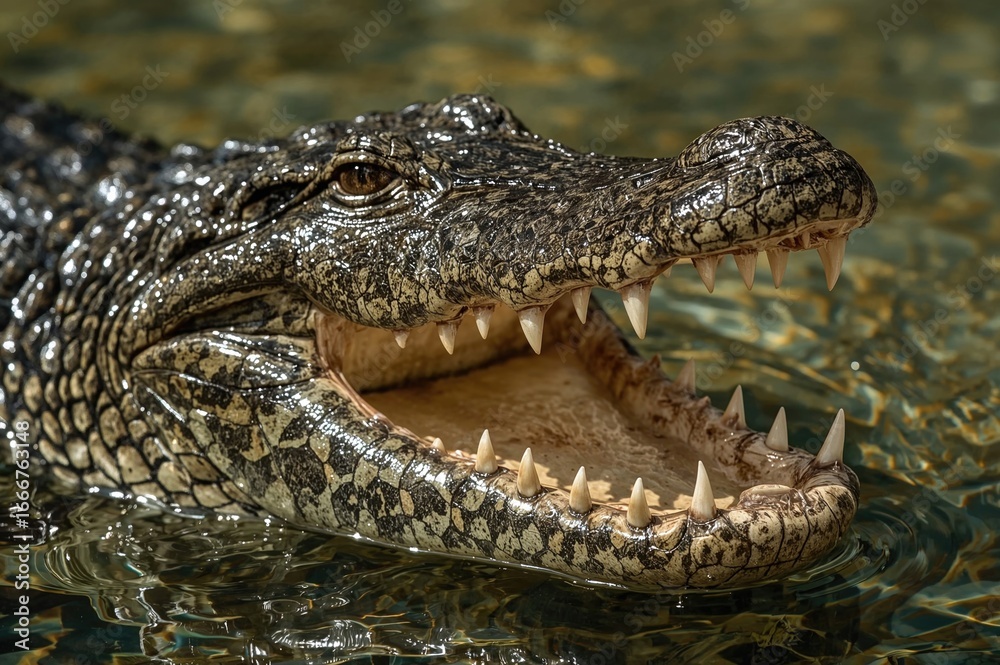 Obraz premium Close-up of a Crocodile Displaying Its Sharp Teeth and Open Mouth