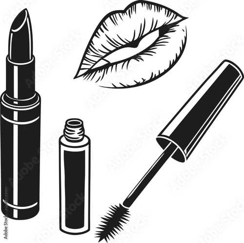 Elegant Monochrome Makeup Set Lipstick, Lip Gloss, Mascara, and Sensual Lips for Beauty, Fashion, and Cosmetic Designs