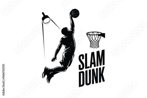 Dynamic basketball player performing slam dunk, showcasing athleticism and skill