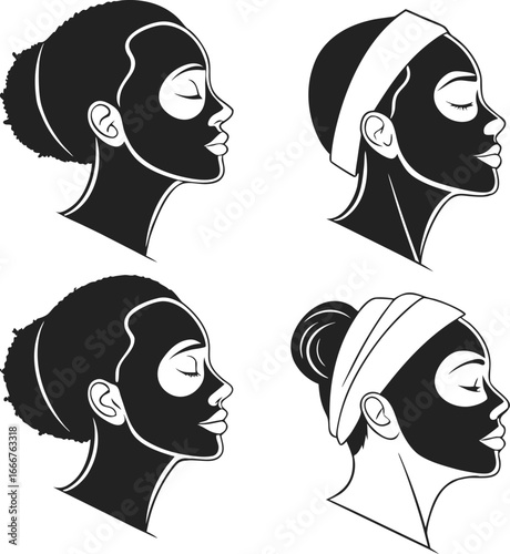 Four profile views of women with facial masks
