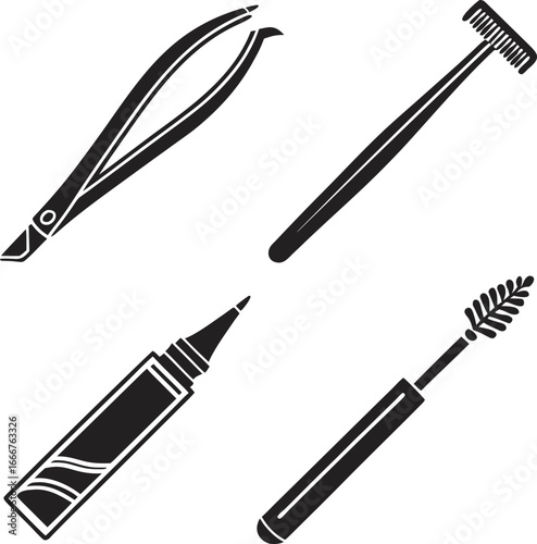 Collection of beauty and grooming tools illustrated in black and white