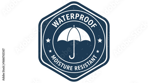 Vector emblem artwork indicating waterproof and moisture-resistant properties, featuring an umbrella icon within a hexagon, perfect for product labeling and material durability