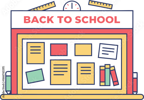 Back to school bulletin board with books and notes