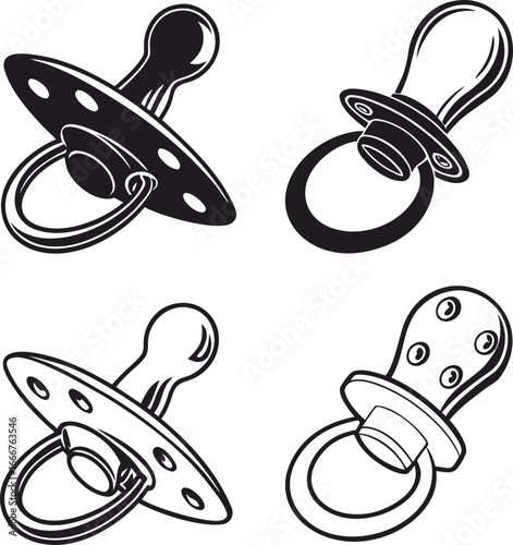 Vintage style pacifier illustrations in black and white