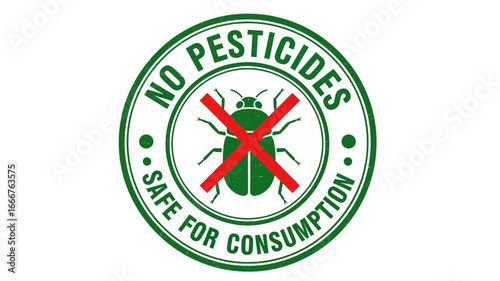 Graphic design of a green circular label with a red cross over an insect, clearly stating 'No Pesticides' and 'Safe for Consumption' for organic and healthy products
