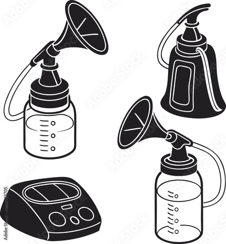 Collection of breast pump components and base unit