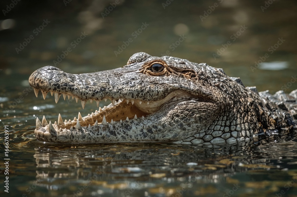 Open-mouthed crocodile emerging from water, showcasing eyes and textured skin, wildlife, river habitat, fierce reptile, animal predator Open-mouthed crocodile emerging from water, showcasing eyes and textured skin, wildlife, river habitat, fierce reptile, animal predator