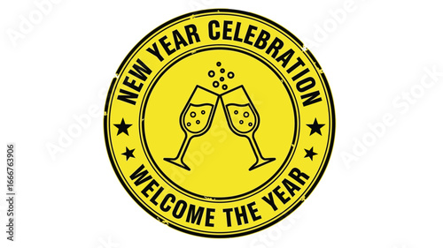 A vibrant yellow circular artistic emblem marking a joyous New Year Celebration, featuring clinking champagne glasses to welcome new beginnings and festive occasions