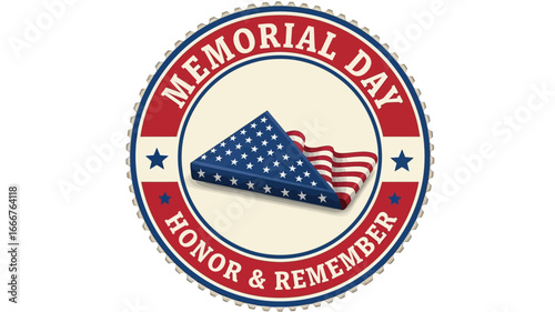 Patriotic emblem artwork featuring a respectfully folded American flag, symbolizing remembrance and national honor for fallen heroes on a commemorative design
