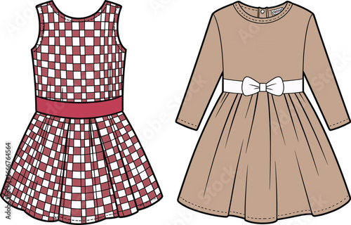 Cute girls dresses, checked red dress, beige bow dress, kids fashion outfit, toddler clothing, stylish children wear, party 
