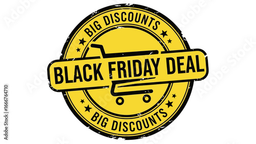 Striking circular distressed stamp illustration promoting a special Black Friday shopping deal with big discounts, perfect for seasonal sales events and promotional advertising