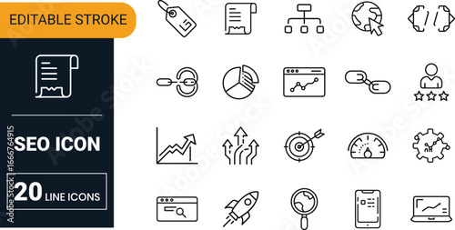 SEO vector icon set collection with analytics, ranking, optimization, keyword, traffic, search engine, growth and digital marketing