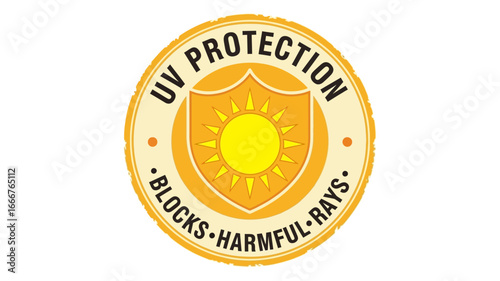 Graphic emblem design in warm hues, featuring a stylized sun within a protective shield, effectively symbolizing robust UV protection and the blocking of harmful ultraviolet rays