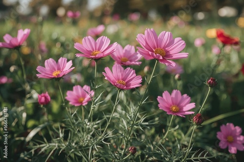Wallpaper Mural Pink Cosmos bipinnatus blossoming in a natural setting, vibrant garden scene with blooming cosmos flowers Torontodigital.ca