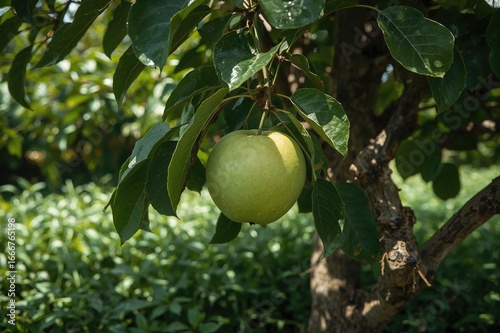 Fresh custard apple hanging on tree with green leaves in natural environment