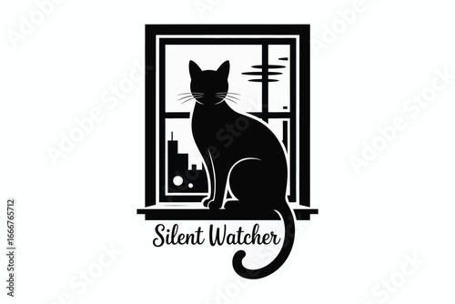 Silhouette of a cat sitting on a window sill, looking out at the city at night, , a silent watcher