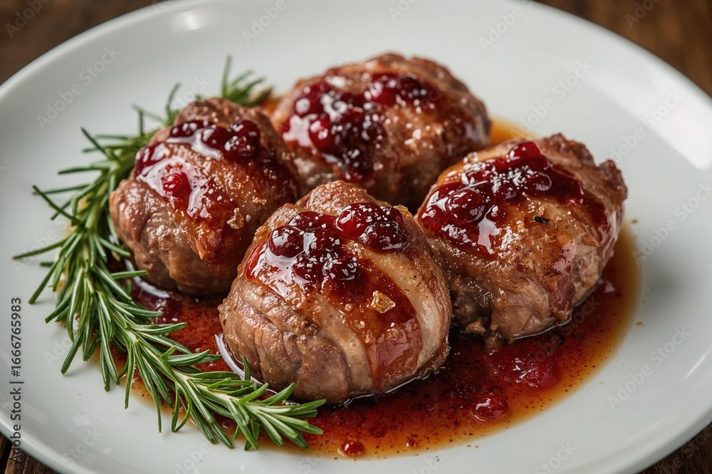 Fototapeta premium Bacon-wrapped beef rounds served with cranberry glaze