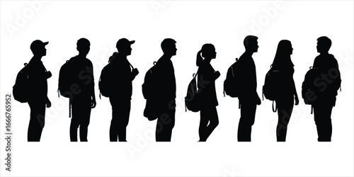 Diverse group of people with backpacks in silhouette against white background standing