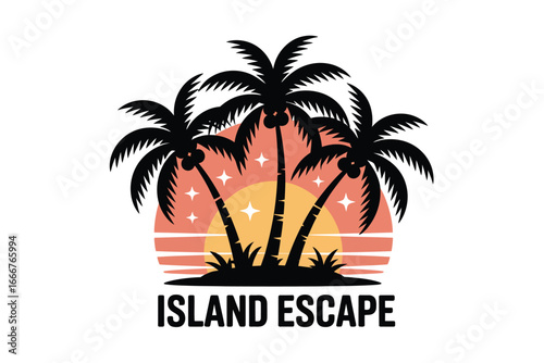 Tropical island with palm trees at sunset, island escape vector illustration for summer vacation