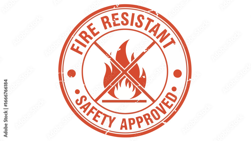Obraz premium Distressed circular stamp icon declaring materials as fire resistant and safety approved, visually represented with a stylized crossed-out flame symbol for compliance
