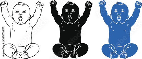 Excited baby with arms raised in celebration