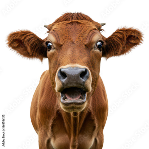 A surprised brown cow stares directly at the camera with its mouth wide open.