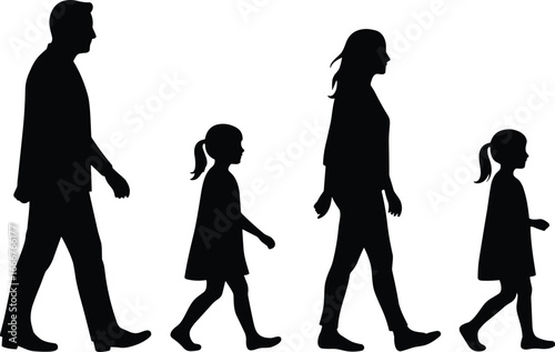 Family silhouettes walking together side by side on white background people