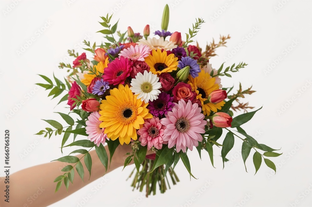 Obraz premium Vibrant floral bouquet crafted by florist, close-up of summer blossoms in hand