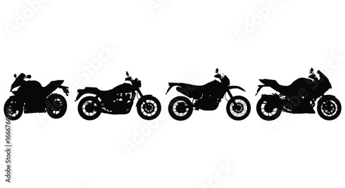 Diverse motorcycle silhouettes lined up showcasing different styles and designs on white vector