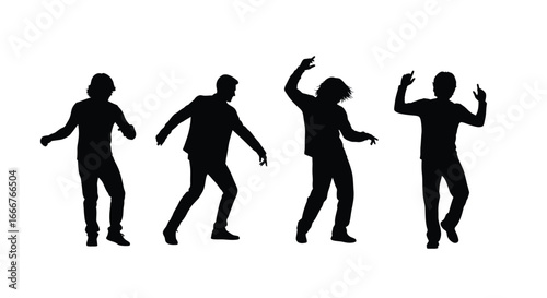Dynamic silhouette dance figures celebrating joyful movement and celebration against a clean white backdrop vector